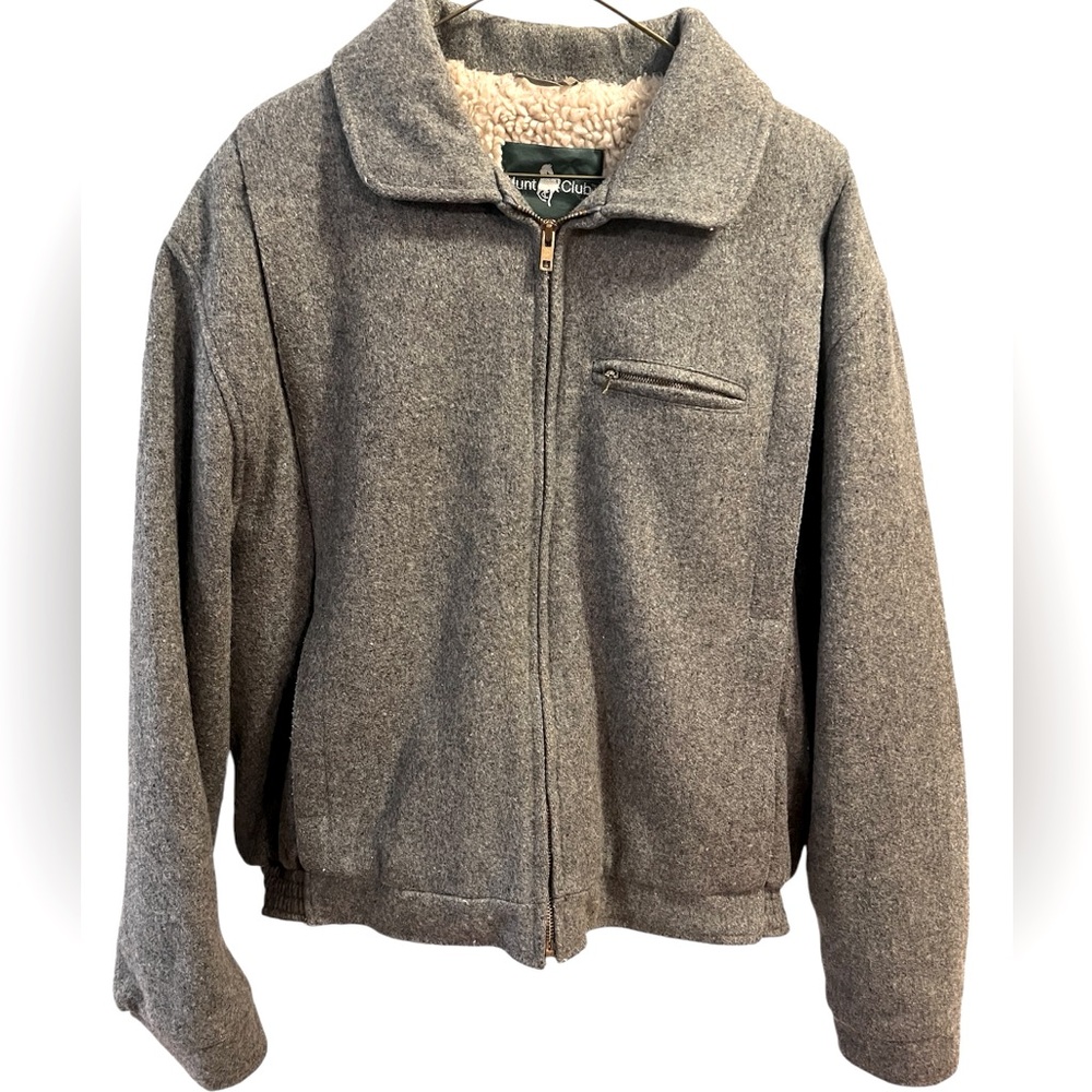 Vintage Gray Wool Bomber Jacket with Shearling Lining by Hunt Club. Size = XL
